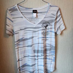 Harley Davidson Women's Short Sleeve T-Shirt Sz Large Grey/White Camo Motorcycle